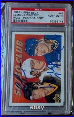 1991-92 Upper Deck #45 Signed Mario Lemieux / Wayne Gretzky / Hull AUTO PSA/DNA