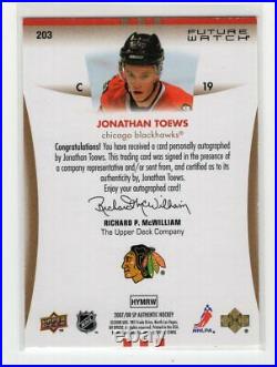 2007-08 Sp Authentic #203 Future Watch Rookie Rc Auto /999 Jonathan Toews Hawks