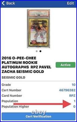 2016 2017 Pavel Zacha PSA 10 #06/25 SEISMIC GOLD AUTO OPC PLAT ROOKIE RC POP = 1