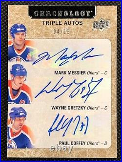 2018-19 Wayne Gretzky, Messier, Coffey Chronology Triple Autographs #TA-MGC 4/15