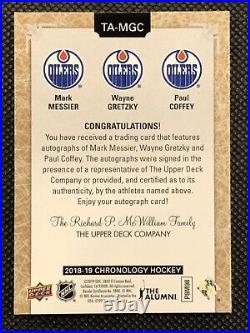 2018-19 Wayne Gretzky, Messier, Coffey Chronology Triple Autographs #TA-MGC 4/15