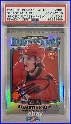 2019 UPPER DECK Sebastian Aho PSA 10 AUTO #1/2 BUYBACK RC OPC PLAT ROOKIE 2016