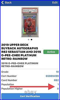 2019 UPPER DECK Sebastian Aho PSA 10 AUTO #1/2 BUYBACK RC OPC PLAT ROOKIE 2016