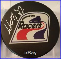 WAYNE GRETZKY HOF SIGNED RACERS PUCK WG COA & CONVERSE art ross WHA game R LOT