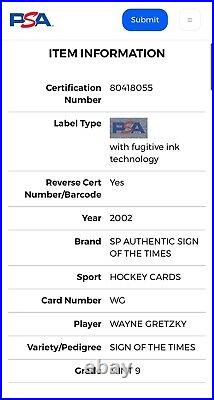 Wayne Gretzky Auto Card 2002 Upper Deck Sp Authentic Sign Of The Times Psa 9