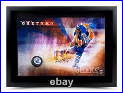 Wayne Gretzky Autographed 16X24 Photo Puck Slap Shot Breaking Through Oilers UDA