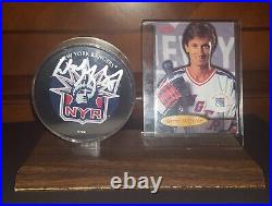 Wayne Gretzky Autographed Rangers Liberty Puck with Card and Stand