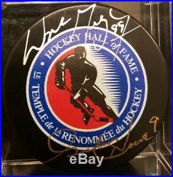 Wayne Gretzky Hof + Gordie Howe Mr Hockey Dual Signed Puck Rare NHL Stars + Coa