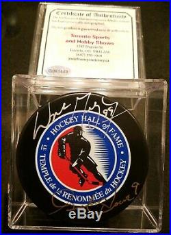 Wayne Gretzky Hof + Gordie Howe Mr Hockey Dual Signed Puck Rare NHL Stars + Coa