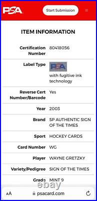 Wayne Gretzky Signed Card 2003 Upper Deck Sp Authentic Sign Of The Times Psa 9